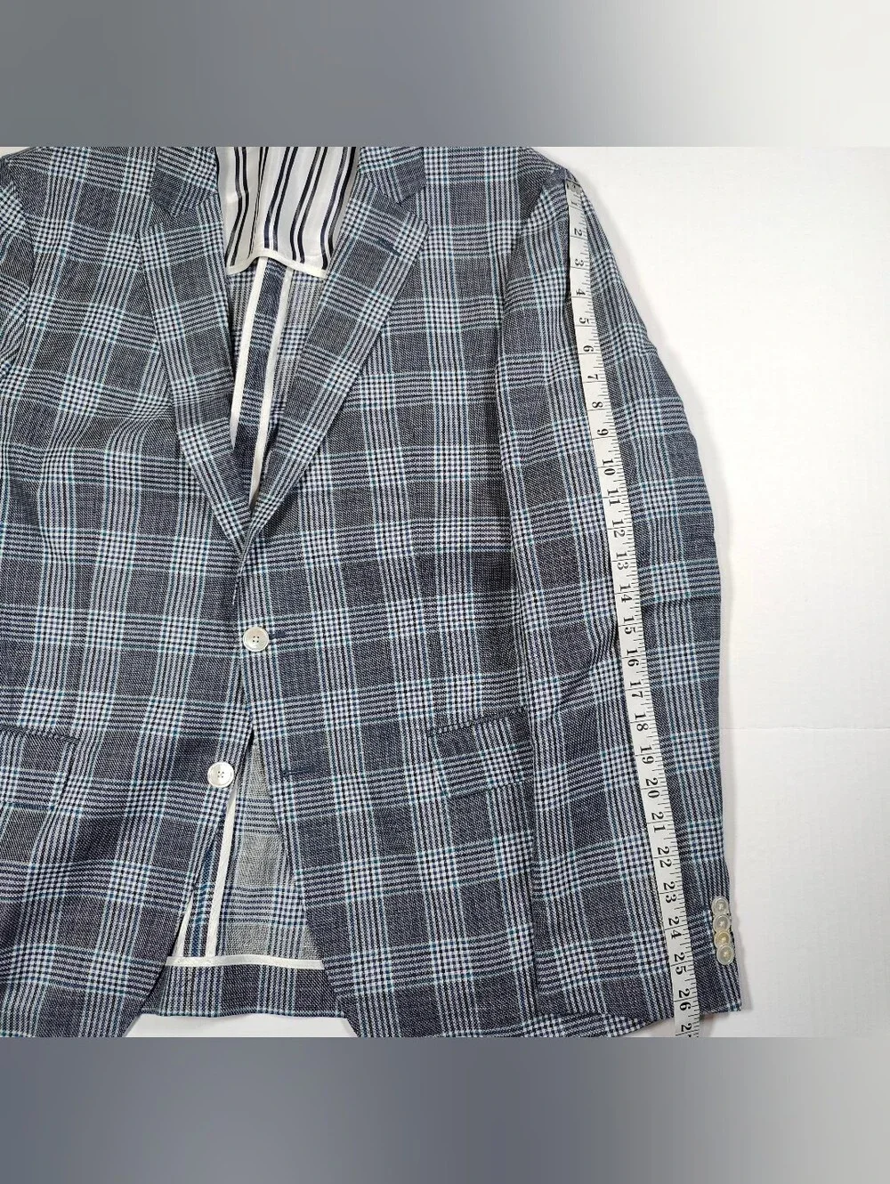 Hugo Boss Landicio Bella Tesse 60% Wool 40% Linen Blue Gray Plaid Blazer Sz 46